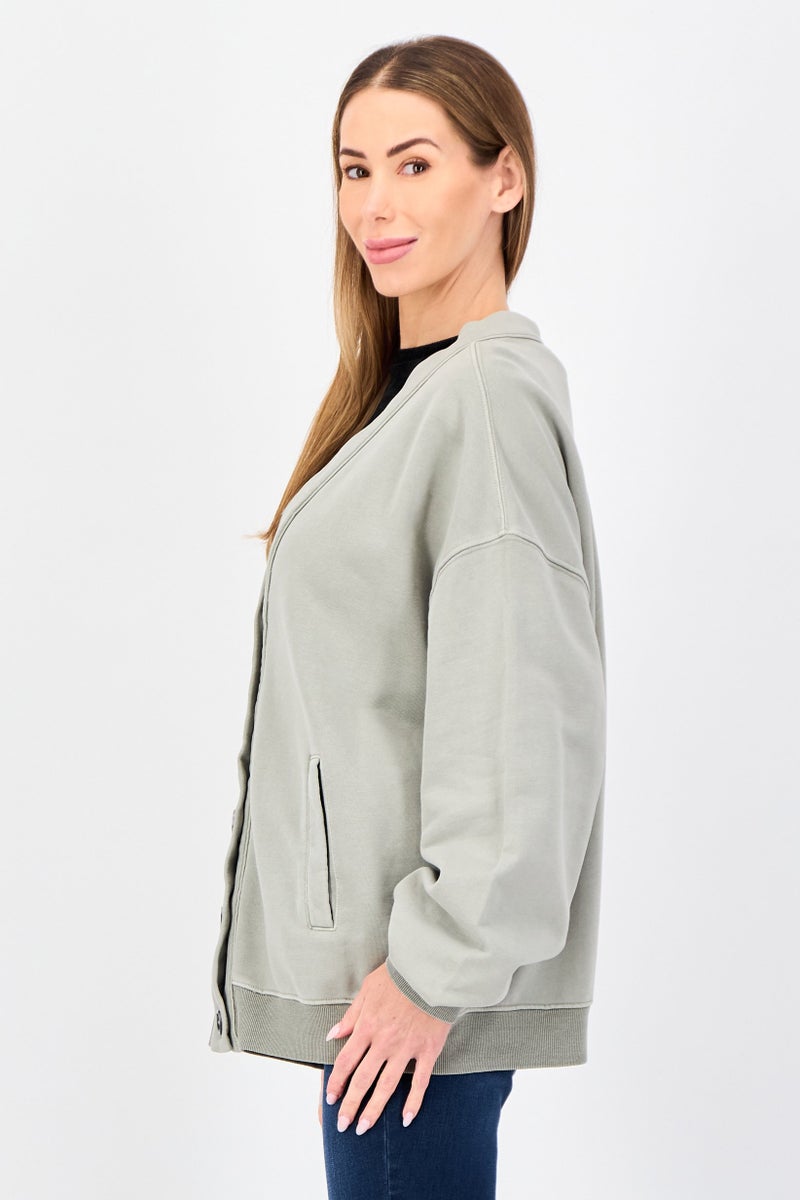 Lime Women V-Neck Solid Long Sleeve Sweatshirt, Sage Green - Image 2